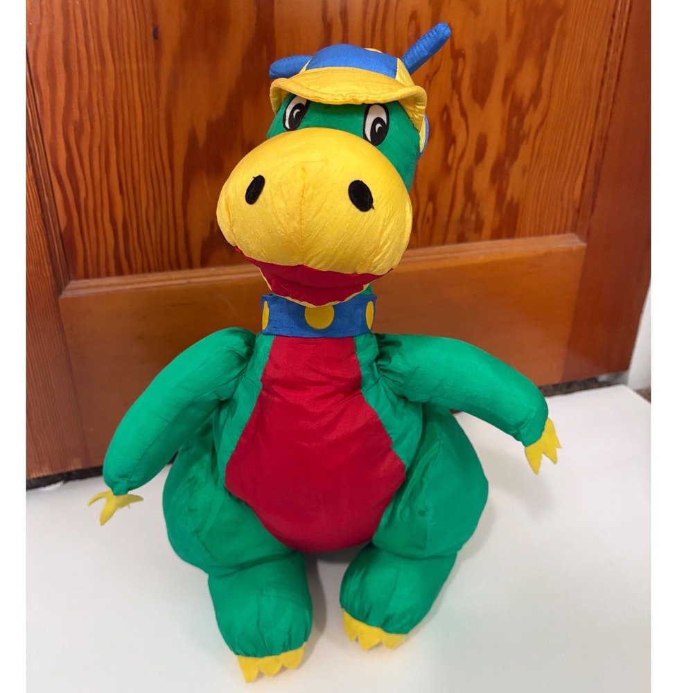 Vintage GreenDinosaur Nylon Plush with Hat Colorful Yellow Blue Red